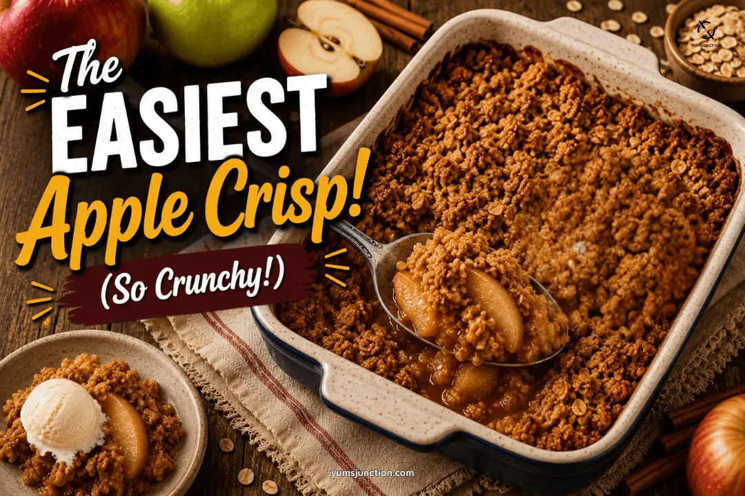 The easiest apple crisp recipe with oat topping and vanilla ice cream, a cozy fall dessert