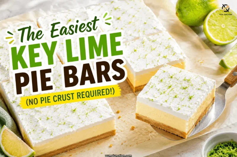 Easy key lime pie bars recipe showing a thick square bar being lifted on a spatula with pale yellow custard filling golden vanilla wafer crust and whipped cream topping sprinkled with lime zest alongside fresh limes on parchment