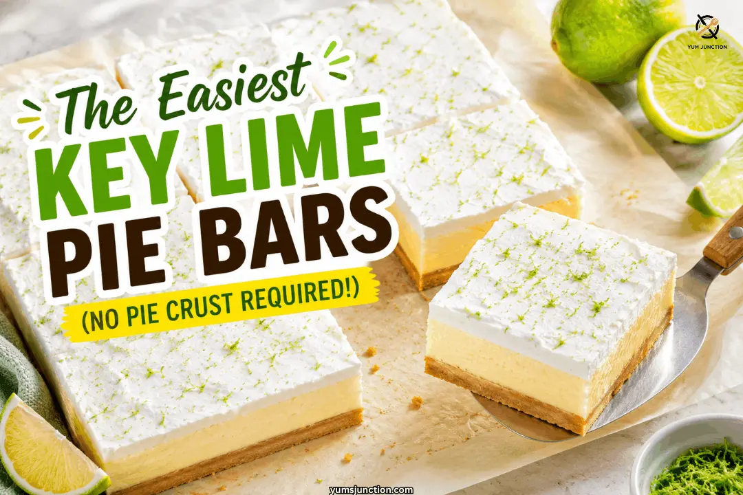 Easy key lime pie bars recipe showing a thick square bar being lifted on a spatula with pale yellow custard filling golden vanilla wafer crust and whipped cream topping sprinkled with lime zest alongside fresh limes on parchment
