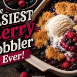 Easy mixed berry cobbler in a ceramic baking dish with golden biscuit topping, jammy raspberries and blueberries, and a scoop of melting vanilla ice cream