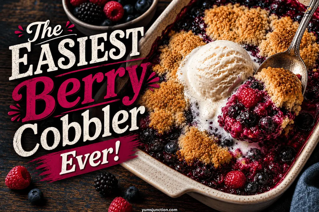 Easy mixed berry cobbler in a ceramic baking dish with golden biscuit topping, jammy raspberries and blueberries, and a scoop of melting vanilla ice cream