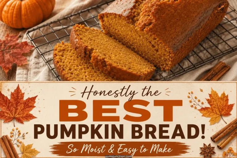 Easy moist pumpkin bread recipe pin with cinnamon and fall leaf styling