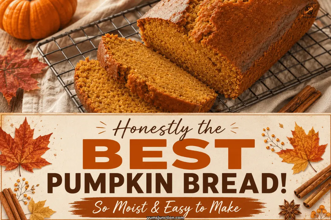 Easy moist pumpkin bread recipe pin with cinnamon and fall leaf styling