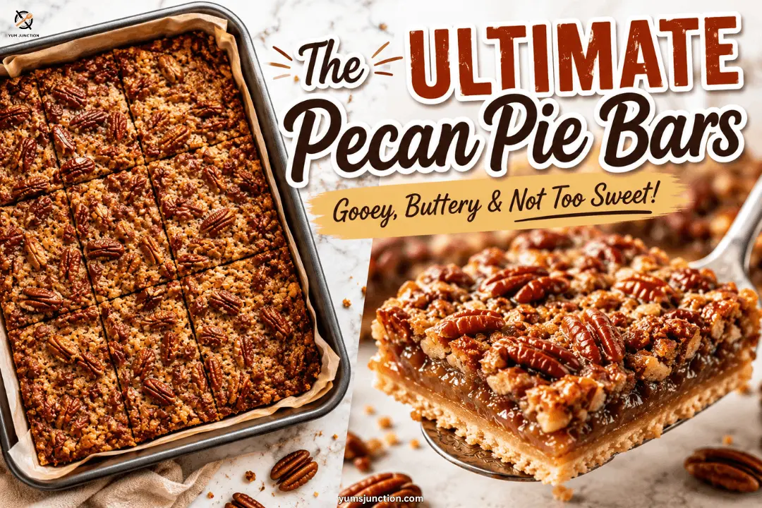 pecan pie bars recipe, whole pan and a single bar lifted with a cake server, gooey and not too sweet