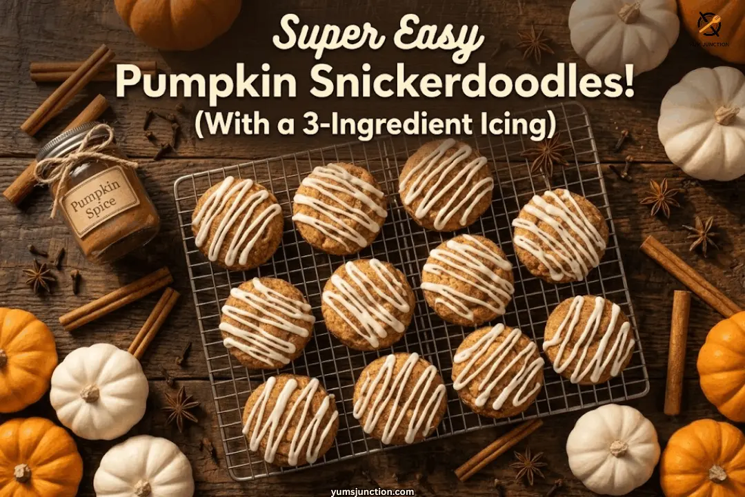 Super easy pumpkin snickerdoodle cookies on a wire cooling rack drizzled with white icing surrounded by mini pumpkins cinnamon sticks star anise and a jar of pumpkin spice on a dark wood background