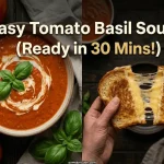 Split collage of easy tomato basil soup in a rustic bowl with a cream swirl and fresh basil alongside hands pulling apart a golden grilled cheese sandwich showing melted cheese stretch