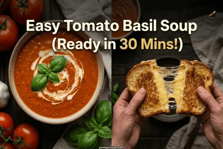 Split collage of easy tomato basil soup in a rustic bowl with a cream swirl and fresh basil alongside hands pulling apart a golden grilled cheese sandwich showing melted cheese stretch