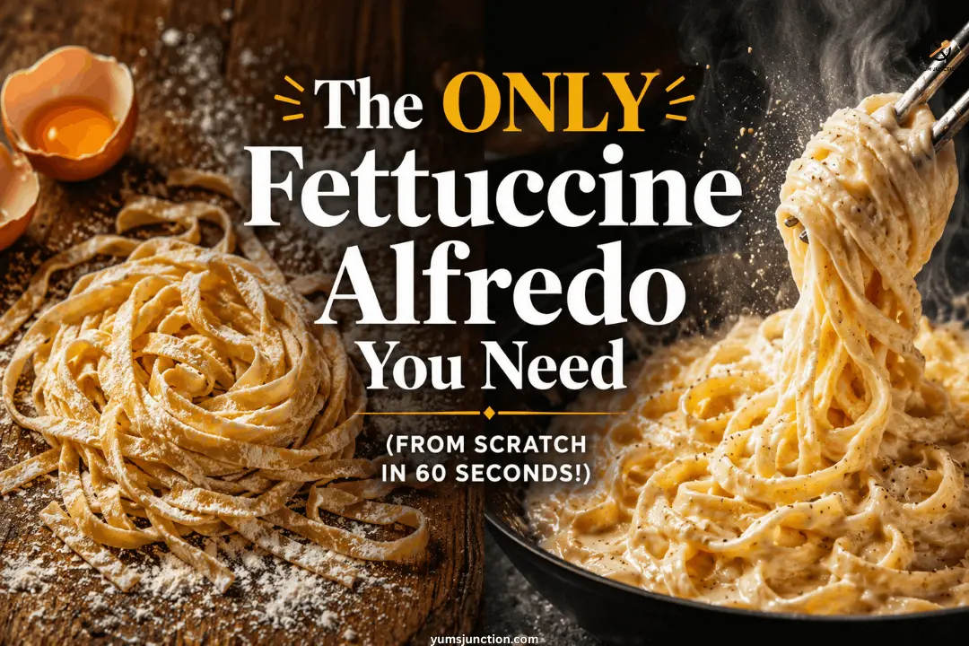 Split image of a raw fresh pasta nest dusted with flour next to tongs lifting creamy fettuccine Alfredo from a skillet with visible steam