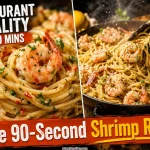 Split collage of garlic butter shrimp pasta showing a twirled nest of spaghetti with plump seared shrimp parsley and red pepper flakes on the left and tongs tossing shrimp pasta in a dark skillet on the right
