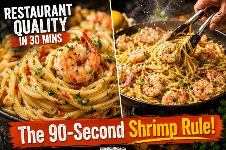 Split collage of garlic butter shrimp pasta showing a twirled nest of spaghetti with plump seared shrimp parsley and red pepper flakes on the left and tongs tossing shrimp pasta in a dark skillet on the right