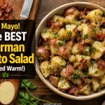 Overhead view of warm German potato salad with crispy bacon and fresh parsley in a rustic bowl alongside raw red potatoes and cooked bacon on a wooden board