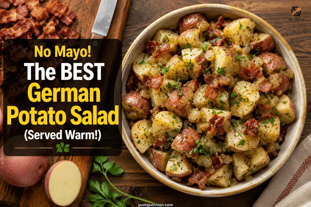 Overhead view of warm German potato salad with crispy bacon and fresh parsley in a rustic bowl alongside raw red potatoes and cooked bacon on a wooden board