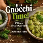 Homemade potato gnocchi with pesto recipe showing hands grinding fresh basil pesto in a marble mortar and pestle beside a finished bowl of pillowy gnocchi coated in vibrant green basil pesto, topped with toasted pine nuts, fresh basil leaves, and freshly grated Parmesan cheese