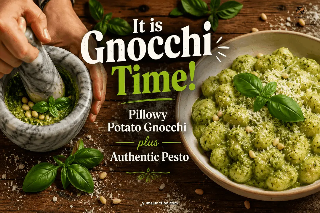 Homemade potato gnocchi with pesto recipe showing hands grinding fresh basil pesto in a marble mortar and pestle beside a finished bowl of pillowy gnocchi coated in vibrant green basil pesto, topped with toasted pine nuts, fresh basil leaves, and freshly grated Parmesan cheese