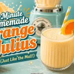 3-minute homemade orange julius copycat in a ribbed glass with an orange striped straw and fresh orange slice alongside a retro teal blender and halved oranges on a blue background