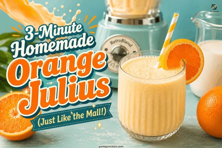 3-minute homemade orange julius copycat in a ribbed glass with an orange striped straw and fresh orange slice alongside a retro teal blender and halved oranges on a blue background