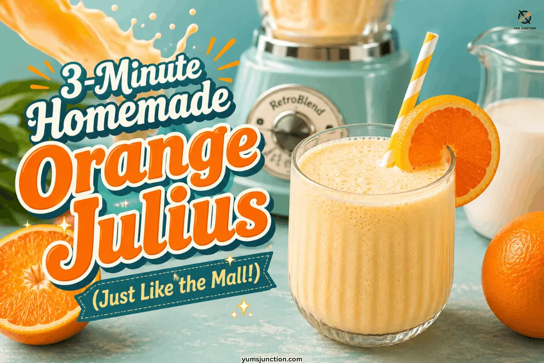 3-minute homemade orange julius copycat in a ribbed glass with an orange striped straw and fresh orange slice alongside a retro teal blender and halved oranges on a blue background