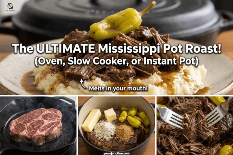 Collage showing Mississippi pot roast over mashed potatoes with pepperoncini, plus three steps: raw chuck roast searing, butter and seasoning added to Dutch oven, and fork shredding the finished beef