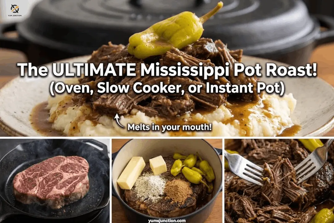 Collage showing Mississippi pot roast over mashed potatoes with pepperoncini, plus three steps: raw chuck roast searing, butter and seasoning added to Dutch oven, and fork shredding the finished beef