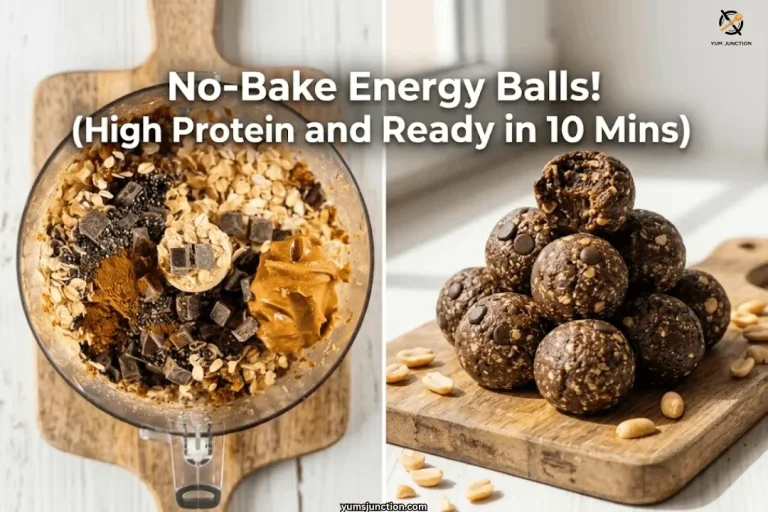 No-bake energy balls recipe collage showing oats peanut butter and chocolate in a food processor and finished chocolate energy bites stacked on a wooden board
