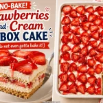 No bake strawberries and cream icebox cake collage showing a close-up slice with visible graham cracker layers and cream cheese filling alongside a full overhead view of the 9x13 pan topped with fresh sliced strawberries and strawberry glaze