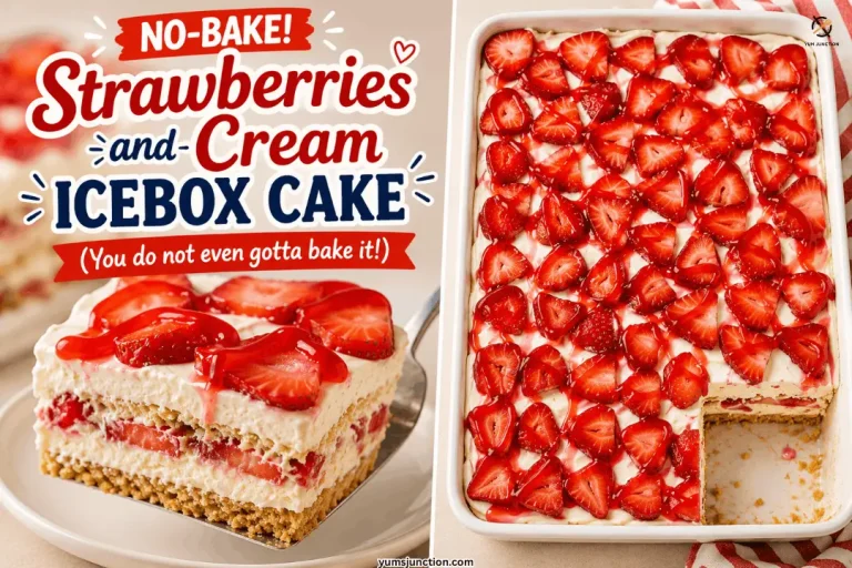 No bake strawberries and cream icebox cake collage showing a close-up slice with visible graham cracker layers and cream cheese filling alongside a full overhead view of the 9x13 pan topped with fresh sliced strawberries and strawberry glaze