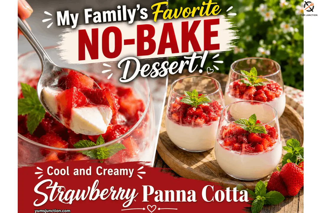 spoon scooping creamy strawberry panna cotta with fresh strawberries tumbling into silky white cream