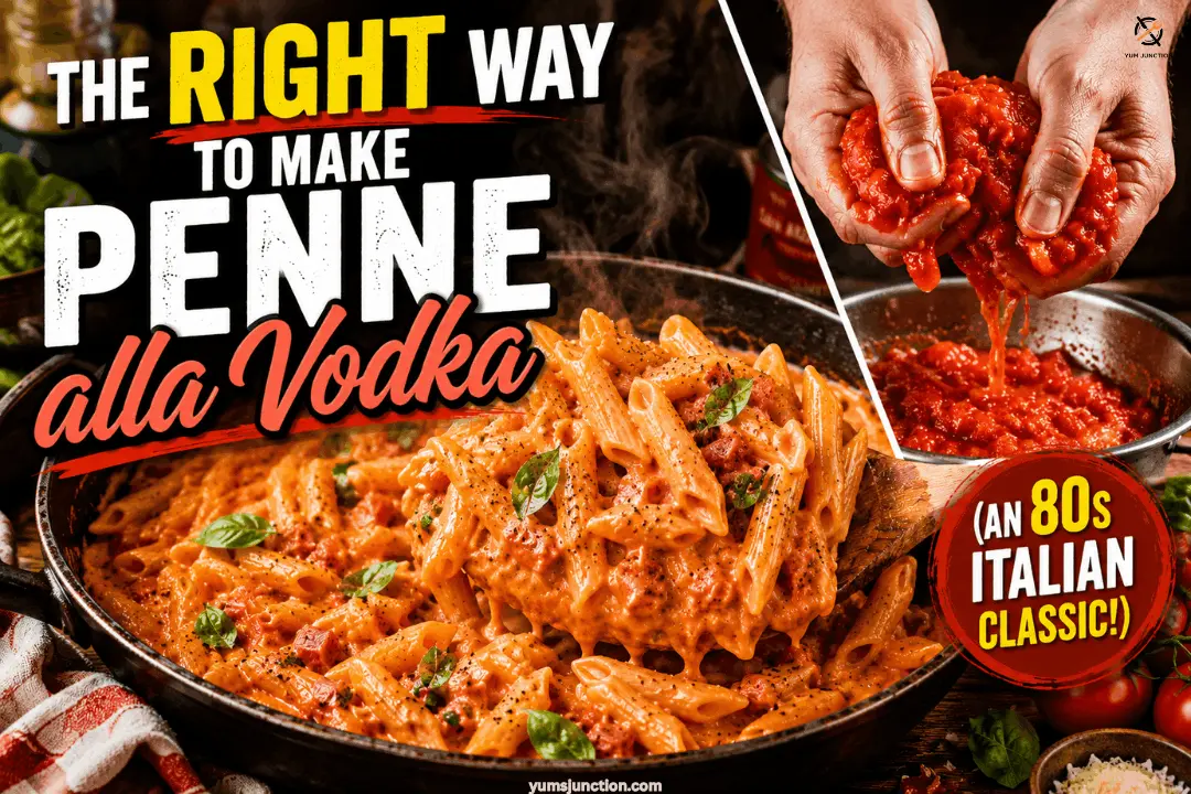 Split image of penne alla vodka in a skillet garnished with basil next to hands crushing San Marzano tomatoes into a bowl