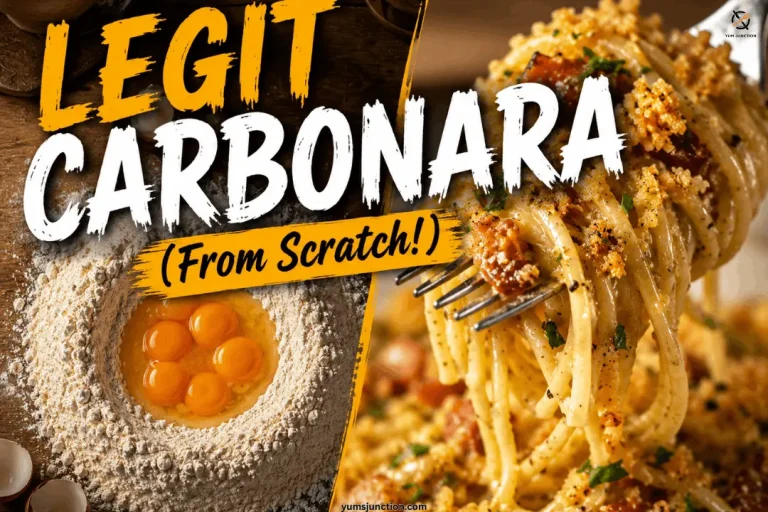 Split image showing a flour well with egg yolks for homemade pasta on the left and a fork twirling finished spaghetti carbonara with pangrattato on the right
