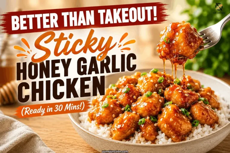 Sticky honey garlic chicken stir fry over white rice with a fork lifting a glossy glazed piece of chicken showing sauce dripping garnished with green onions and sesame seeds