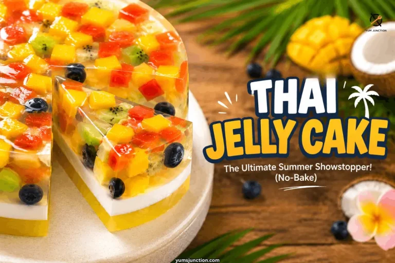 Thai fruit jelly cake Woon Polamai sliced on a wooden board showing three agar agar layers packed with colorful tropical fruits including mango kiwi blueberries and red fruit alongside fresh coconut mango and tropical flowers
