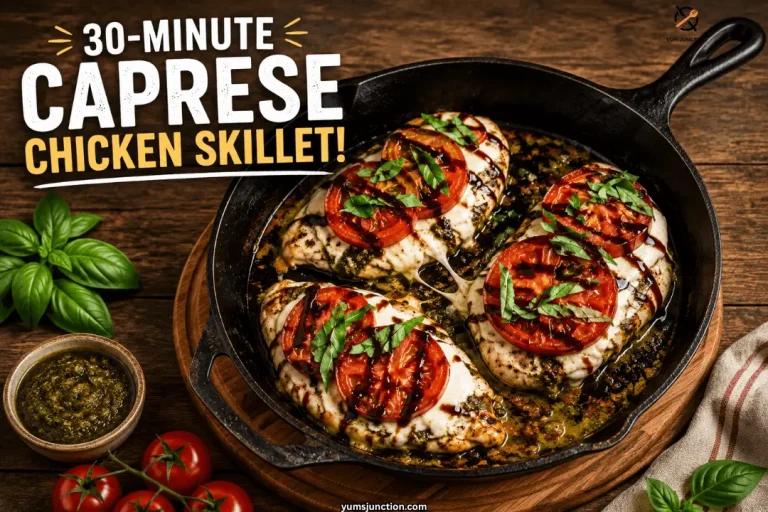 30 minute caprese chicken skillet with melted mozzarella tomato basil and balsamic glaze in a cast iron pan surrounded by fresh basil leaves cherry tomatoes and a bowl of pesto