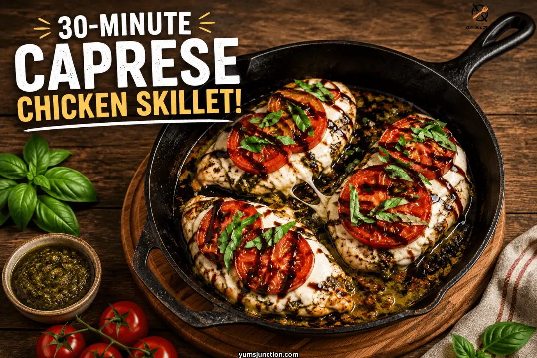 30 minute caprese chicken skillet with melted mozzarella tomato basil and balsamic glaze in a cast iron pan surrounded by fresh basil leaves cherry tomatoes and a bowl of pesto