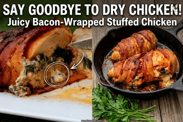 Bacon wrapped stuffed chicken breast collage showing a sliced piece with melted cream cheese and spinach filling circled next to two whole stuffed chicken breasts in a cast iron skillet with fresh parsley
