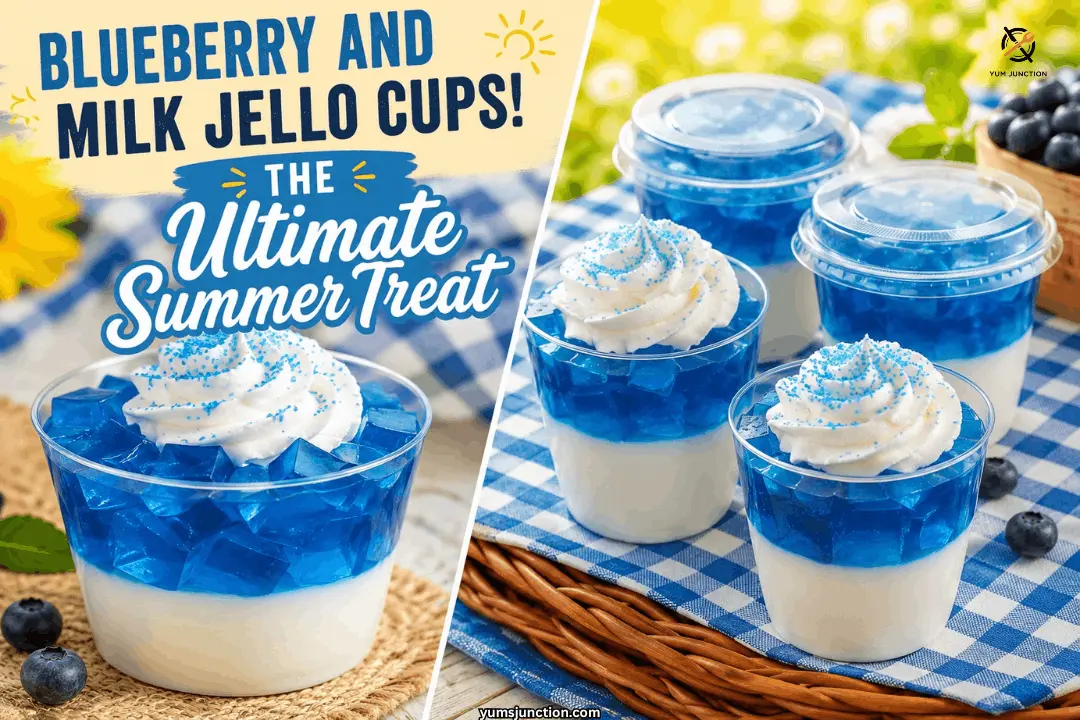 Blueberry and milk jello cups collage showing a single cup topped with whipped cream and blue sugar next to a picnic basket arrangement of four jello cups with lids and whipped cream on a blue checkered cloth