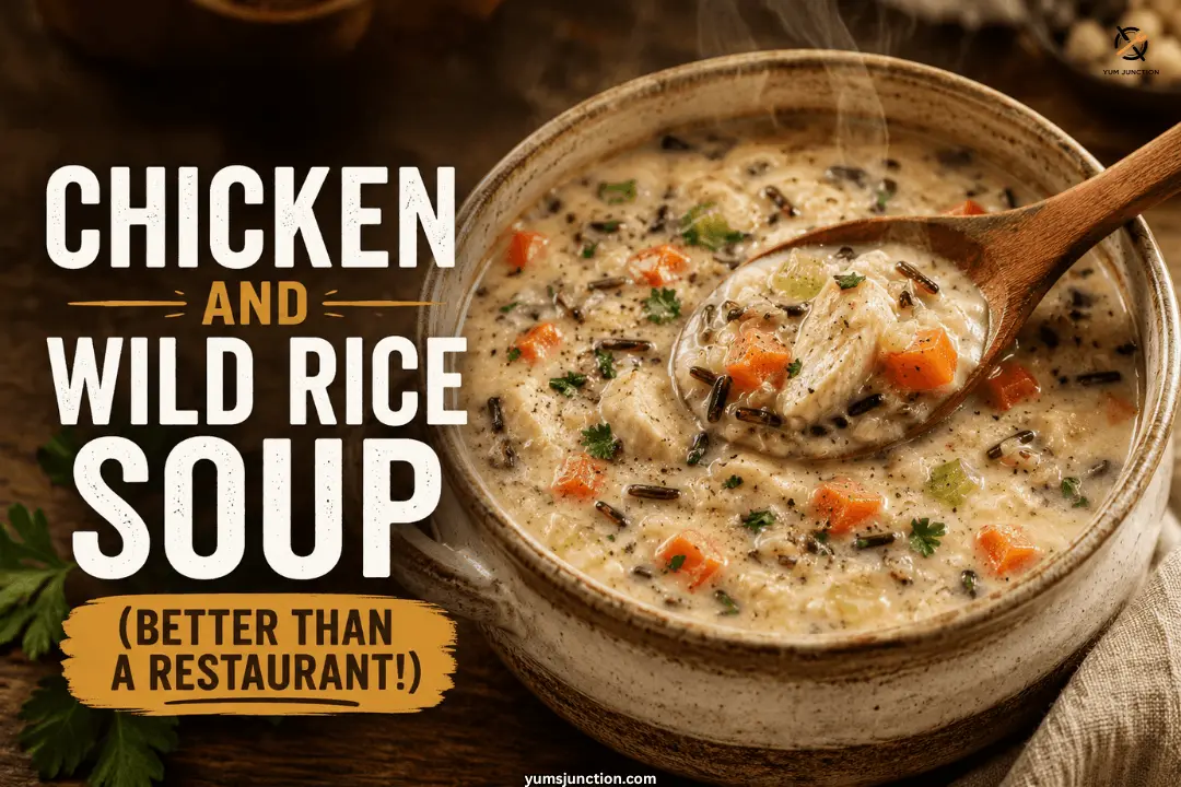 Chicken and wild rice soup recipe pin with creamy soup in a bowl, text reads better than a restaurant