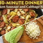 Chicken sausage and cabbage skillet 30 minute dinner pin with cooked skillet and raw ingredients on a cutting board