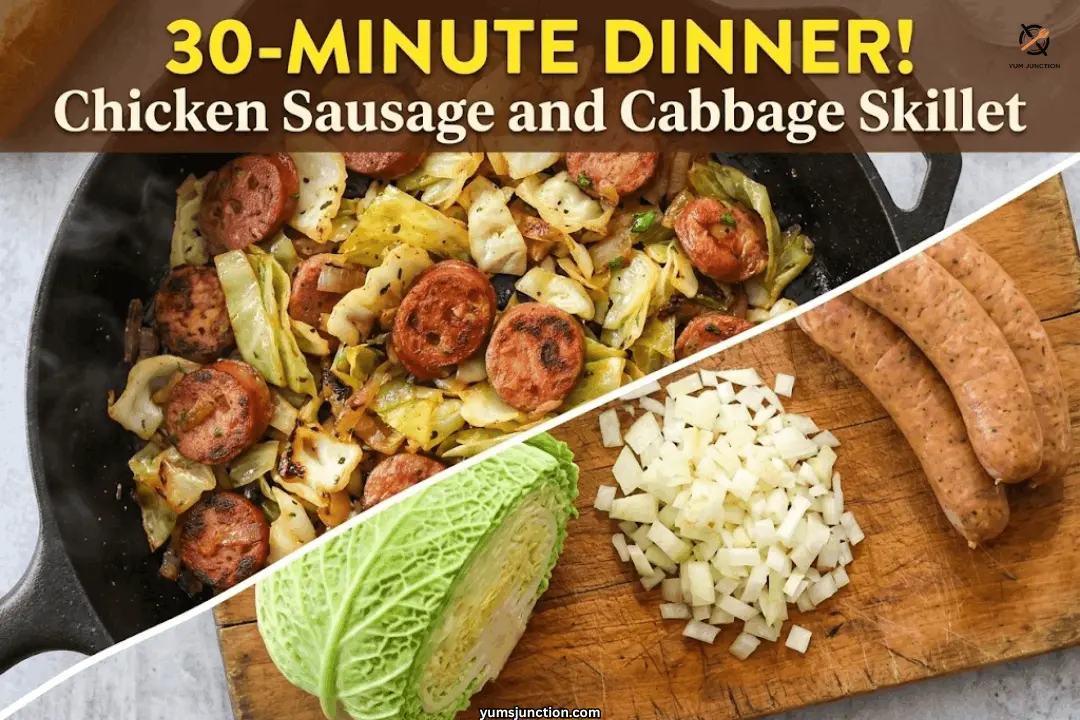 Chicken sausage and cabbage skillet 30 minute dinner pin with cooked skillet and raw ingredients on a cutting board