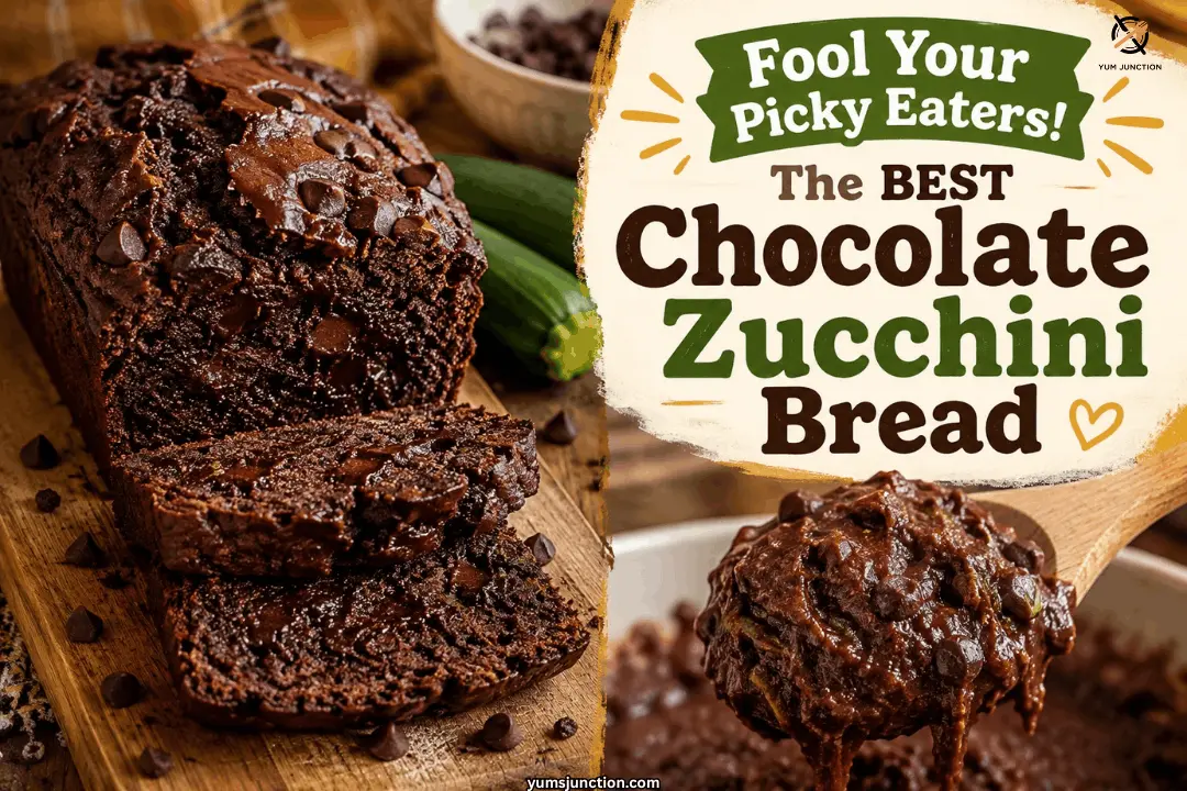 Chocolate zucchini bread collage showing a sliced loaf with visible chocolate chips on a wooden board next to a whole zucchini alongside a wooden spoon scooping thick chocolate zucchini batter