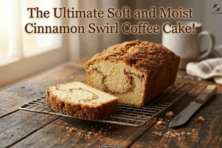 Cinnamon swirl coffee cake loaf on a wire cooling rack with a slice cut showing the cinnamon ribbon inside next to a knife and coffee mug near a sunlit window