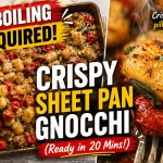 Crispy sheet pan gnocchi collage showing a wooden spoon tossing golden gnocchi with roasted tomatoes and corn next to a steaming fork-lifted piece showing a crispy exterior and soft interior