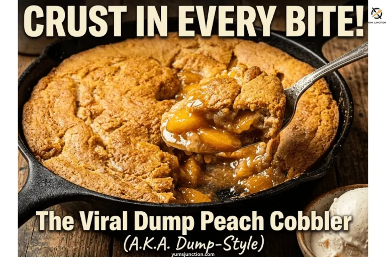 Viral cast iron peach cobbler with a golden risen crust and a silver spoon lifting a portion showing thick syrupy peaches underneath alongside a bowl of vanilla ice cream