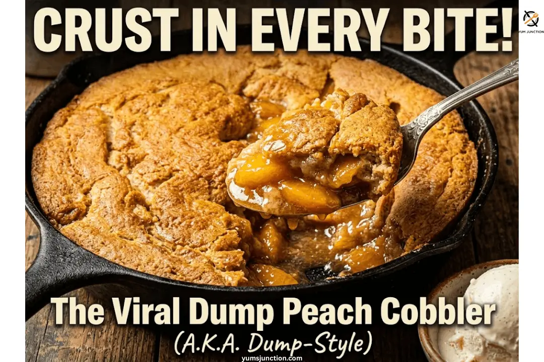 Viral cast iron peach cobbler with a golden risen crust and a silver spoon lifting a portion showing thick syrupy peaches underneath alongside a bowl of vanilla ice cream