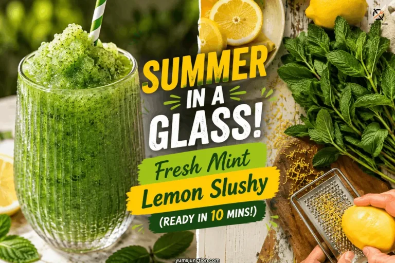 Fresh mint lemon slushy collage showing a vibrant green icy drink in a striped straw glass next to fresh mint leaves sliced lemons and lemon zest being grated