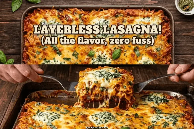 Layerless sheet pan lasagna collage showing a full pan with crispy cheese edges and spinach ricotta dollops next to a close-up of two forks lifting a cheesy portion with a melted mozzarella pull