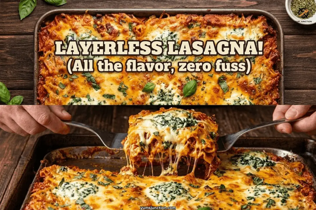 Layerless sheet pan lasagna collage showing a full pan with crispy cheese edges and spinach ricotta dollops next to a close-up of two forks lifting a cheesy portion with a melted mozzarella pull