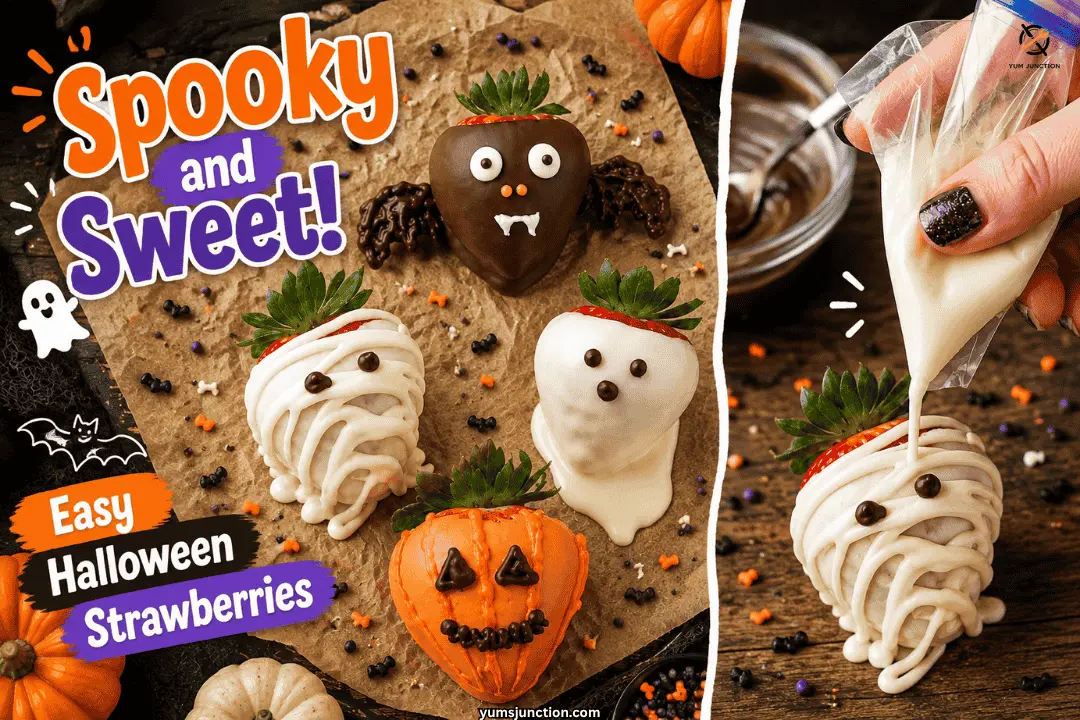 Easy Halloween chocolate covered strawberries pin showing mummy, ghost, pumpkin, and bat designs with white chocolate being drizzled on a mummy strawberry