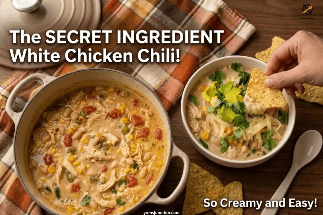 White chicken chili in an enamel Dutch oven next to a bowl topped with avocado cilantro and cheese with a hand dunking a tortilla chip surrounded by a plaid kitchen towel