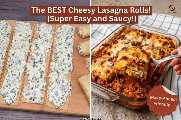 Best cheesy lasagna rolls pin showing ricotta spinach filling on noodles and baked lasagna rolls with meat sauce in a dish
