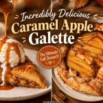 Incredibly delicious caramel apple galette pin showing a slice with ice cream and caramel drizzle next to a whole galette